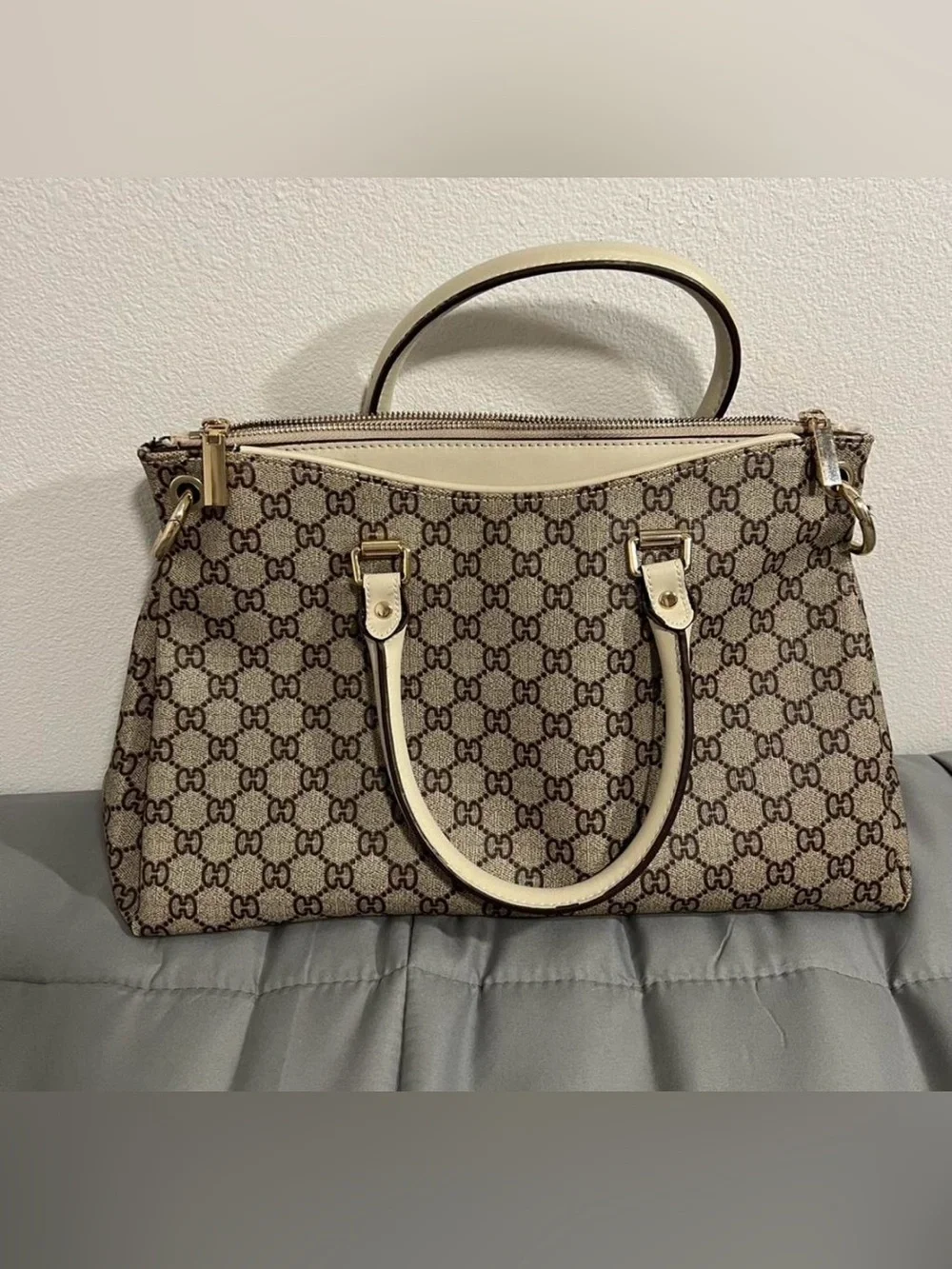 Beige Satchel with Cream Trim